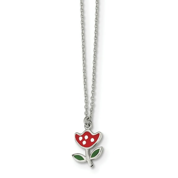 Beautiful Sterling Silver Polished & Enameled Red Flower 14in Necklace