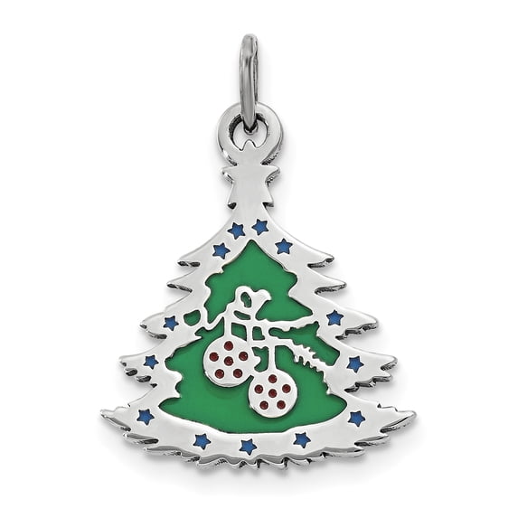 Beautiful Sterling Silver Polished Green Enameled Christmas Tree Pendant