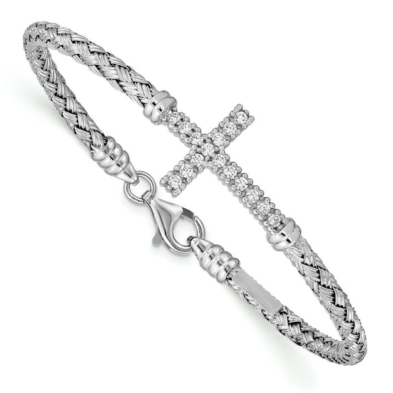 Beautiful Sterling Silver Polished Rhodium-plated CZ Latin Cross Bangle
