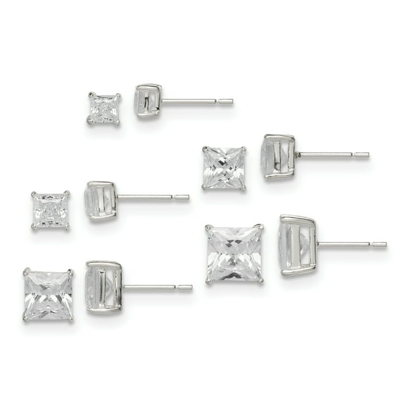Beautiful Sterling Silver Polished Square White CZ Post Earrings 5-pair Set