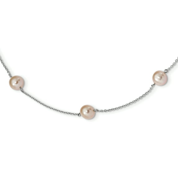 Beautiful Sterling Silver RH 7-8mm Pink Round FWC Pearl 9 Station Necklace