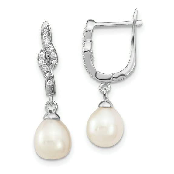Beautiful Sterling Silver RH 7-8mm Wte Rice FWC Pearl CZ Dangle Earrings