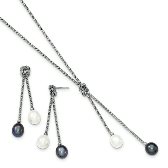 Beautiful Sterling Silver RH-plated FWC Pearl Knot 18 in. Neck/Earring Set