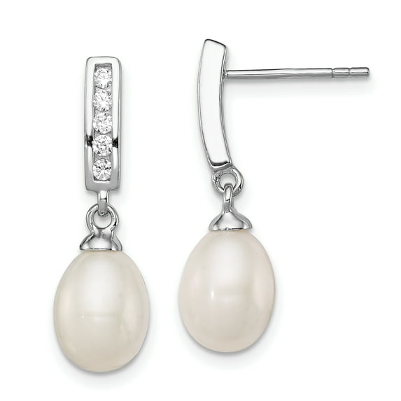 Beautiful Sterling Silver Rh-plated 8-9mm White FWC Pearl CZ Post Dangle Earrings