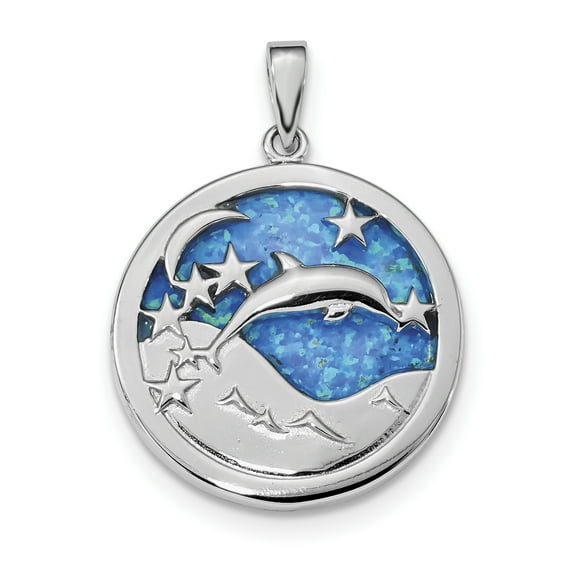 Beautiful Sterling Silver Rhod-plated Blue Created Opal Dolphins Pendant