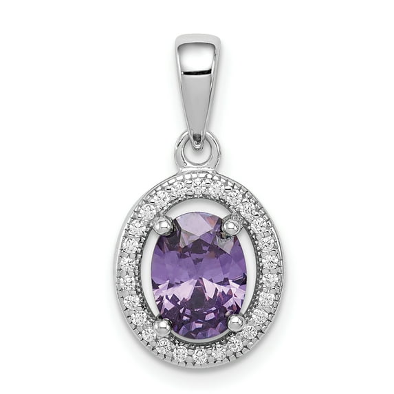 Beautiful Sterling Silver Rhod-plated w/ Purple and White CZ Oval Pendant