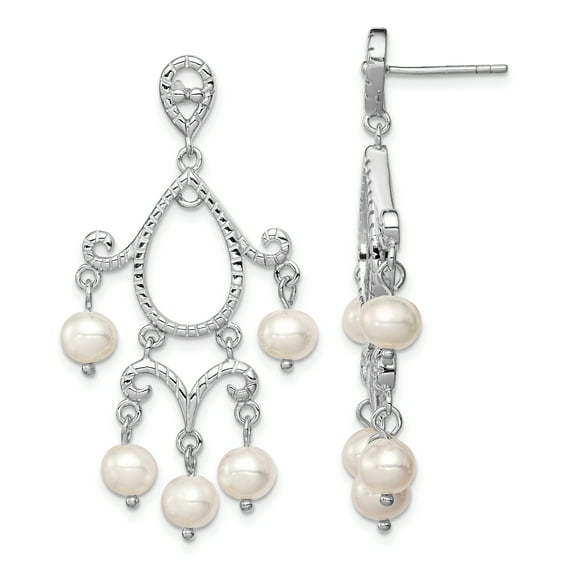 Beautiful Sterling Silver Rhodium 5-6mm White FWC Pearl Post Dangle Earrings