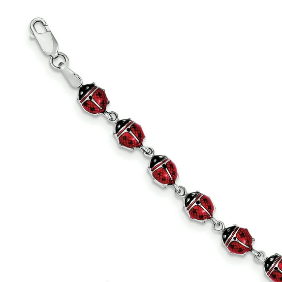 Beautiful Sterling Silver Rhodium Polished Enameled Lady Bug Bracelet