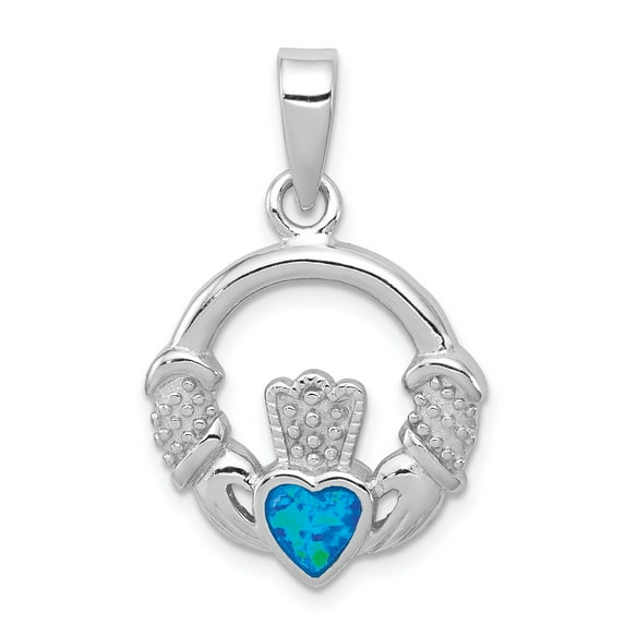 Beautiful Sterling Silver Rhodium-plated Blue Inlay Created Opal Claddagh Pendant