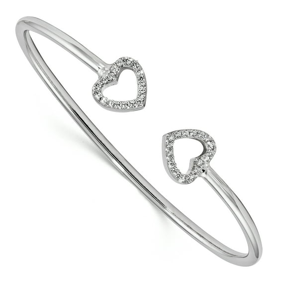 Beautiful Sterling Silver Rhodium-plated CZ Heart Cuff Bangle