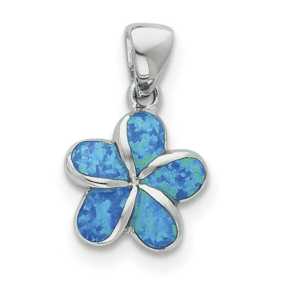 Beautiful Sterling Silver Rhodium-plated Created Blue Inlay Opal Flower Pendant