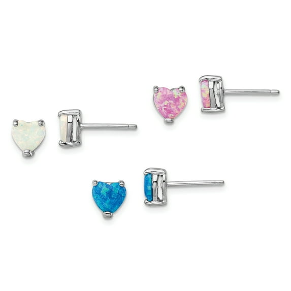 Beautiful Sterling Silver Rhodium-plated Created Opal Set of 3 Heart Earrings