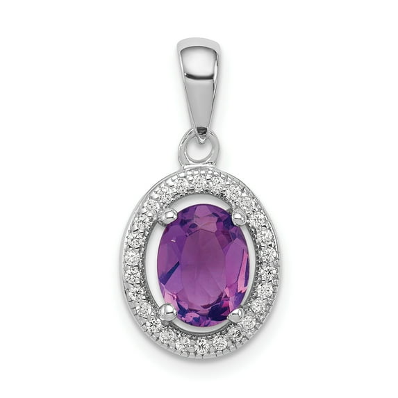 Beautiful Sterling Silver Rhodium-plated Polished Amethyst and CZ Pendant