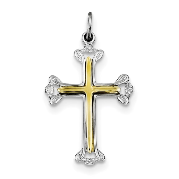 Beautiful Sterling Silver Rhodium-plated Polished Vermeil Budded Cross Pendant