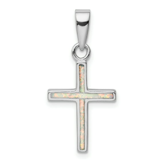 Beautiful Sterling Silver Rhodium-plated White Lab Created Opal Cross Pendant