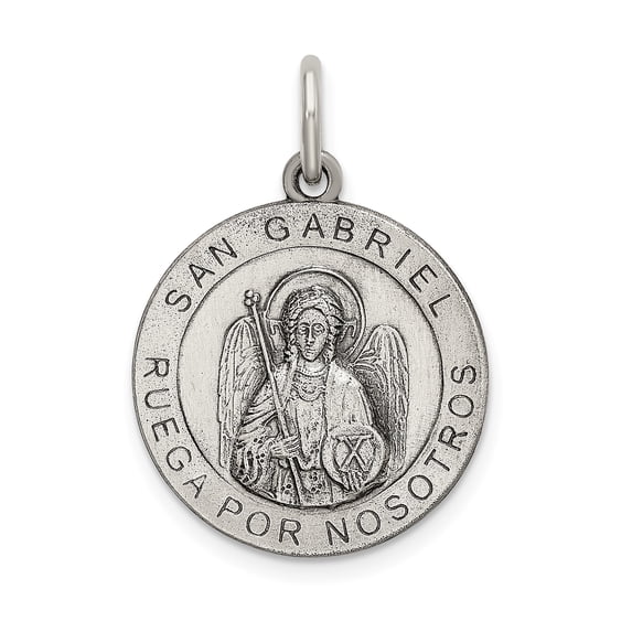 Beautiful Sterling Silver Satin Antiqued Spanish St. Gabriel Medal Pendant