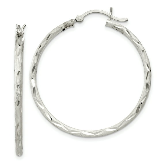Beautiful Sterling Silver Satin Diamond-cut 2x35mm Hoop Earrings