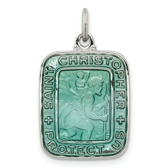 Beautiful Sterling Silver Teal Enamel Square St. Christopher Medal Pendant