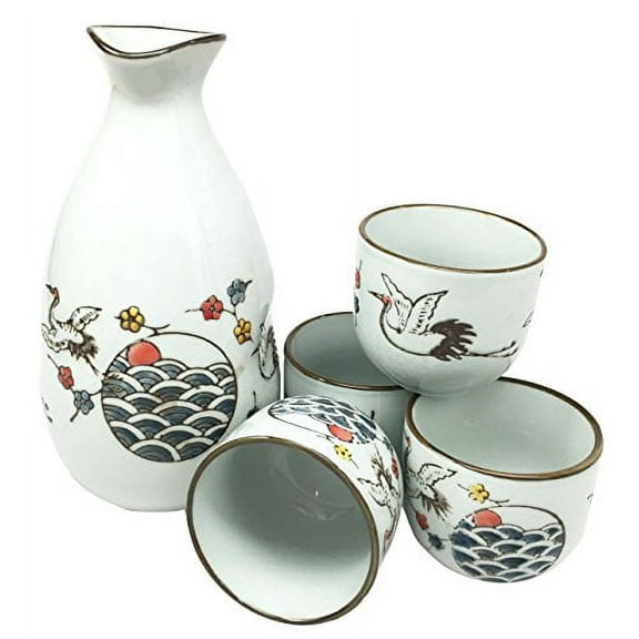 Beautiful Stork Bird Flight Glazed Ceramic White Sake Set Flask With Four Cups Great Asian Living Home Decor and Gift For Housewarming Celebration Toast Far Eastern Decorative Party Set