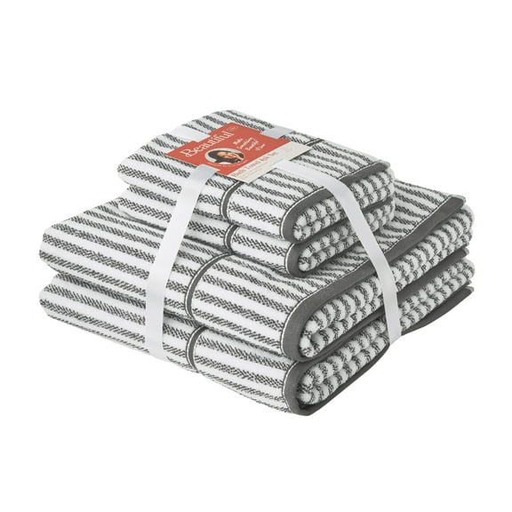 Beautiful by Drew Barrymore 4-Piece Stripe Towel Set, Soft 100% Cotton, Charcoal Grey