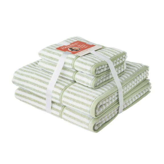 Beautiful by Drew Barrymore 4-Piece Stripe Towel Set, Soft 100% Cotton, Sage Green