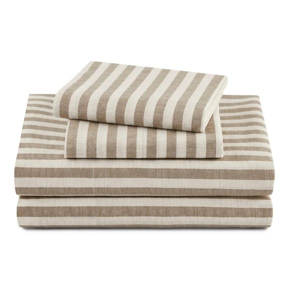 Beautiful Striped 3-Piece 100% Cotton Percale Natural Sheet Set, Twin by Drew Barrymore