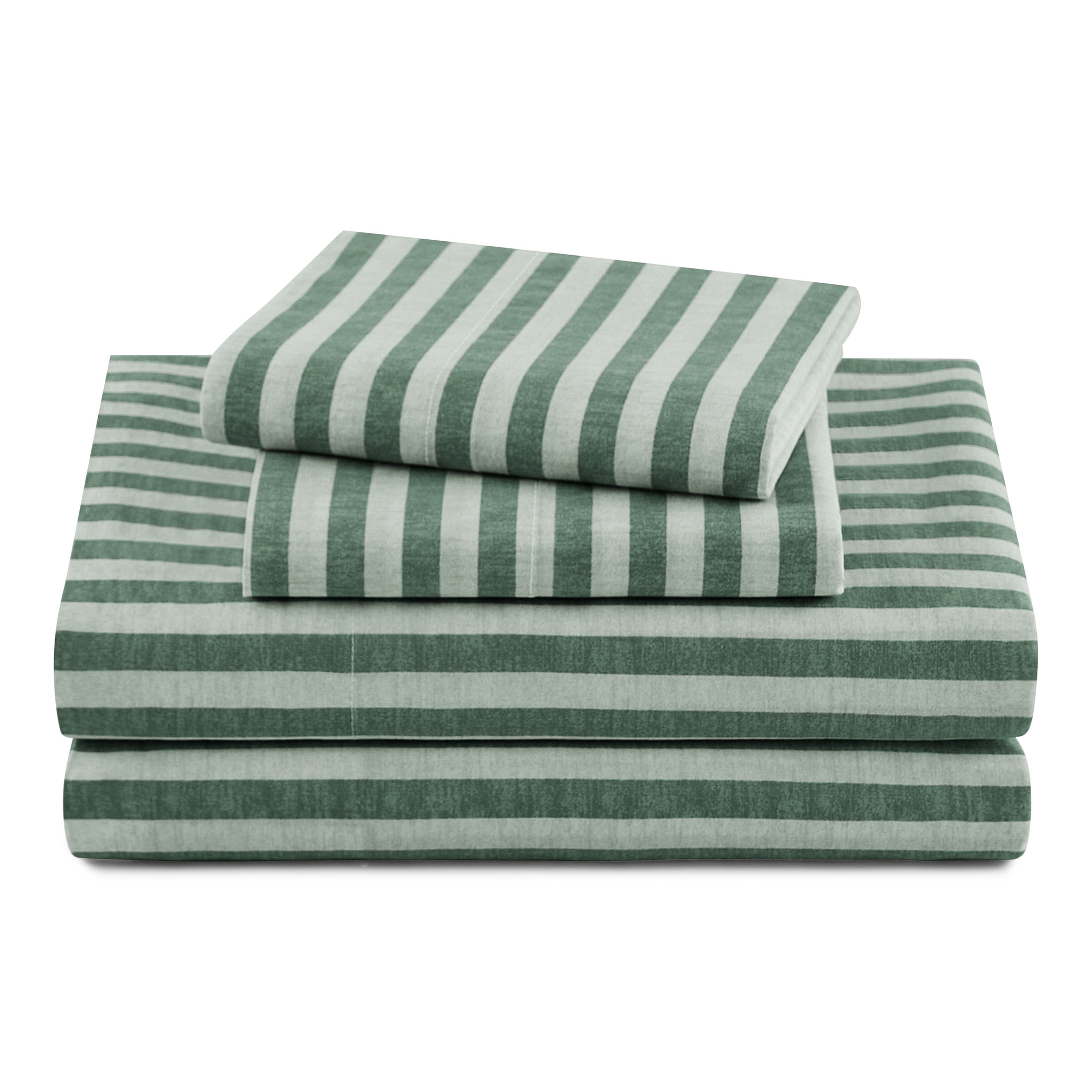 Beautiful Striped 4-Piece 100% Cotton Percale Sage Green Sheet Set, Queen by Drew Barrymore