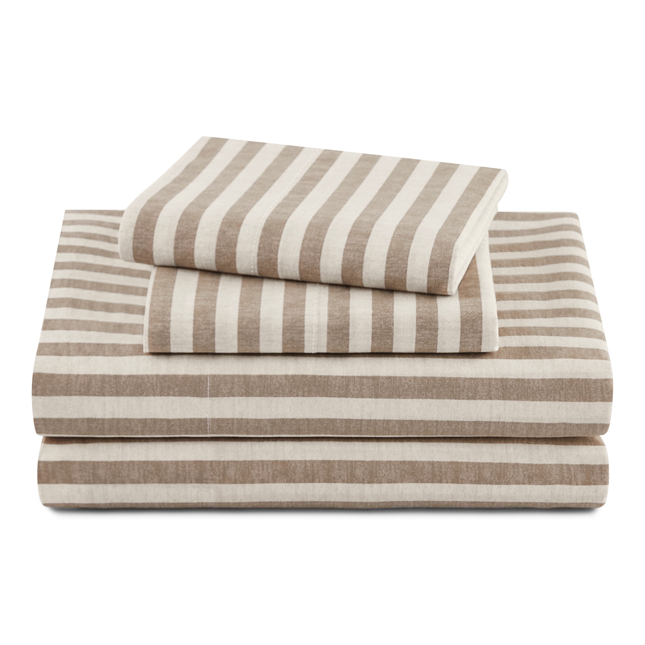 Beautiful Striped 4-Piece 100% Cotton Washed Percale Natural Sheet Set, King by Drew Barrymore