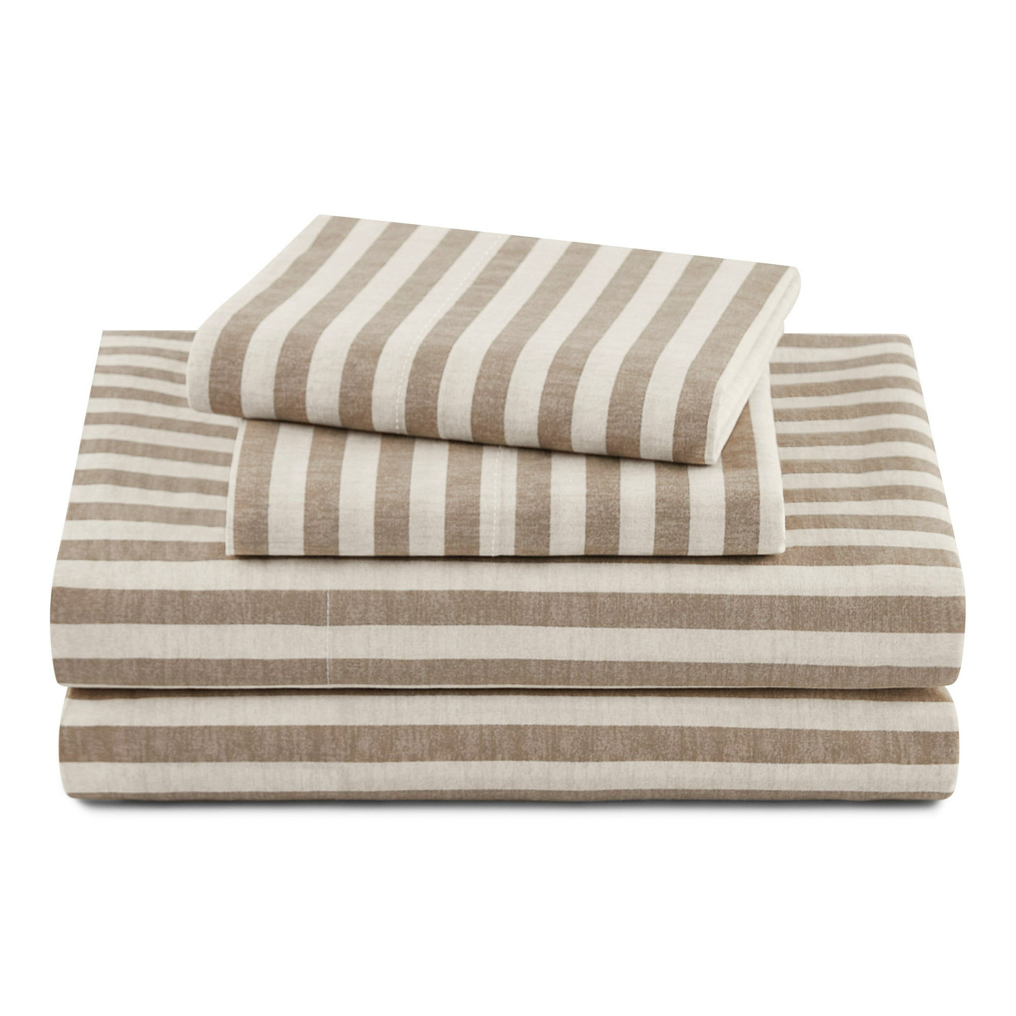 Beautiful Striped 4-Piece 100% Cotton Washed Percale Natural Sheet Set, King by Drew Barrymore