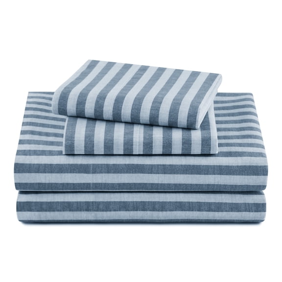 Beautiful Bedding Collection by Drew Barrymore 4-Piece Full Sheet Set, 100% Cotton Washed Percale, Striped Starry Night Blue