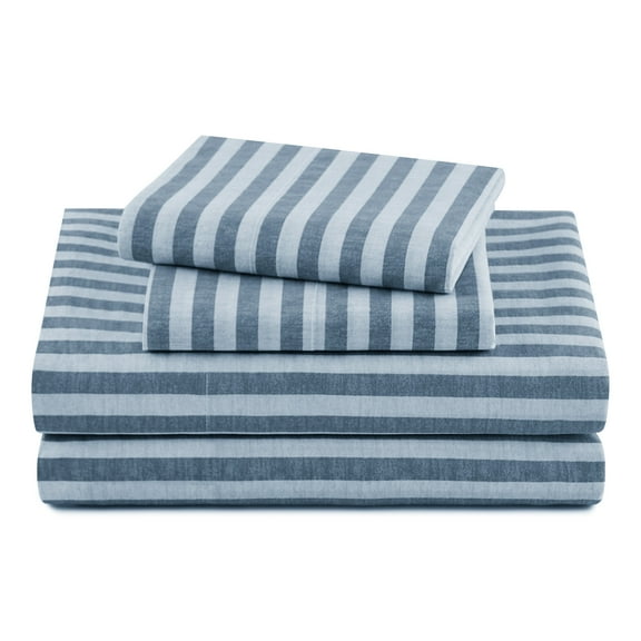 Beautiful Striped 4-Piece 100% Cotton Washed Percale Starry Night Blue Sheet Set, Queen by Drew Barrymore