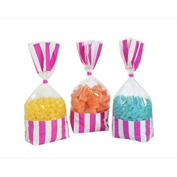 Beautiful Striped Party Plastic Favour and Giveaway Bag, Bright Pink , 10" x 3", Pack of 10.
