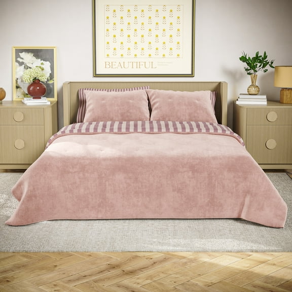 Beautiful Rosé Pink Striped Velvet Reversible Quilt