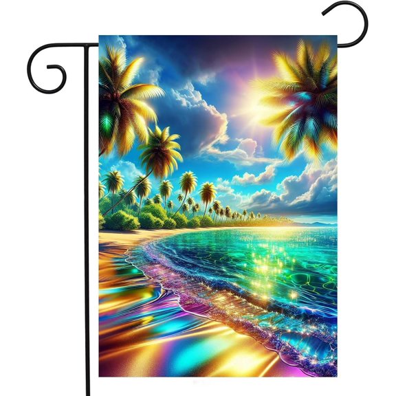 Beautiful Summer Landscape Colorful Beach Palm Trees Seaside Sunlight Garden Yard Flag 12"x 18" Double Sided Polyester Welcome House Flag Banners for Patio Lawn Outdoor Home Decor