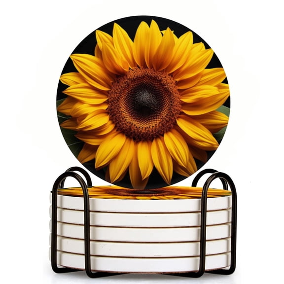 Beautiful Sunflower Against Black Background, Viewed From Above Set of 6 Ceramic Coasters with Holder, Absorbent Drink Bar Coasters, Table Coasters for Living Room Decor Tabletop Protection