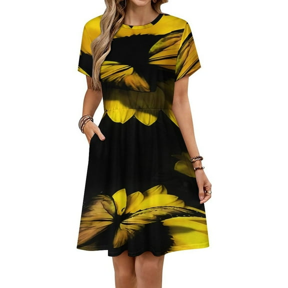 Beautiful Sunflower Butterfly Short Sleeve Dress Women Summer Evening Dresses Ladies Sundress