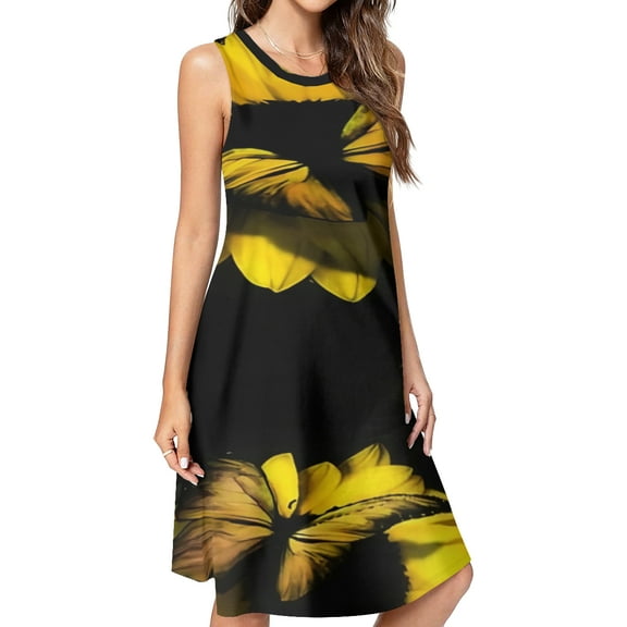 Beautiful Sunflower Butterfly Spring Summer Dresses for Women Fashion T-shirt Dress Casual Sleeveless Loose Sundress with Pockets