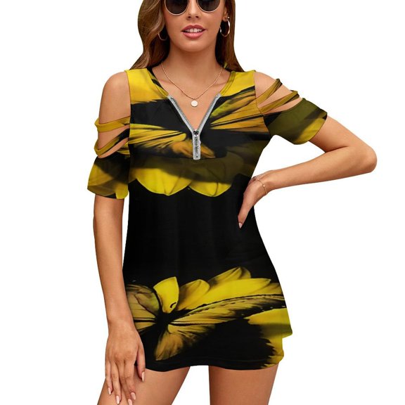 Beautiful Sunflower Butterfly Womens Summer V Neck Zipper Top Short Sleeve T Shirt Off Shoulder Top Casual Classy Loose Shirts