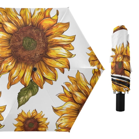 Beautiful Sunflowers and Leaves All Weather Umbrella Triple Folding Parasol 6 Ribs UV Protection Portable