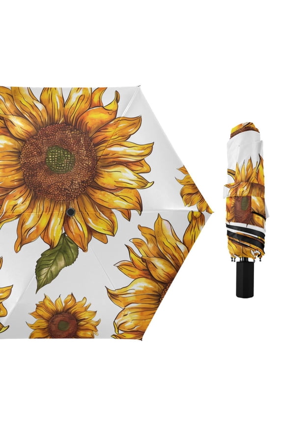 Beautiful Sunflowers and Leaves All Weather Umbrella Triple Folding Parasol 6 Ribs UV Protection Portable