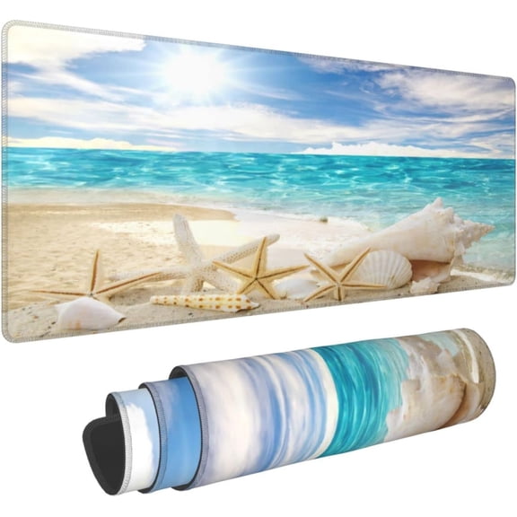 Beautiful Sunny Sky Beach Vacation Travel Starfish Seashell Gaming Keyboard Mouse Pad Mousepad Accessories Huge Extended XL Stitched Edge Rubber Sole for Home Office(31.5"X 11.8")