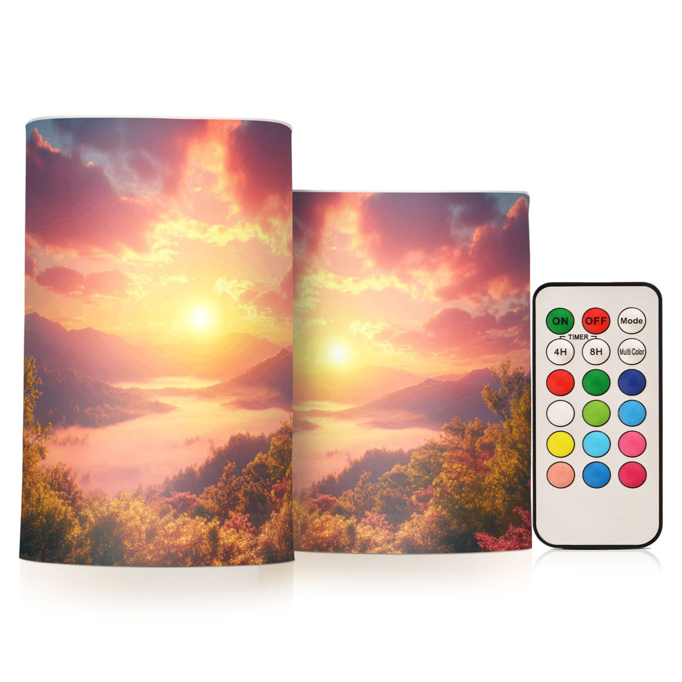 Beautiful Sunrise over Mountains Flickering Flameless LED Candles set of 2 Battery Operated 18-Key Remotes Timer Halloween Fall Decor D3''xH4''5''