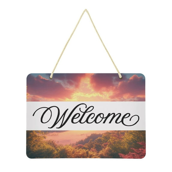 Beautiful Sunrise over Mountains Welcome Sign Front Door PVC 14x10 inch Hanger Hello Sign Farmhouse Wall Porch Home Outside Decor