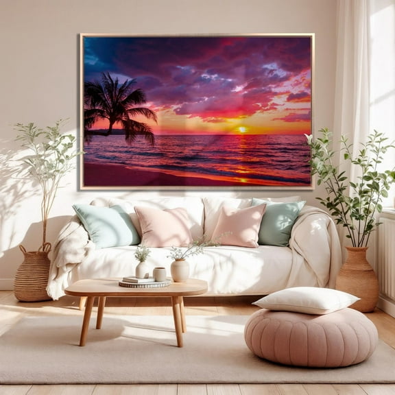 Beautiful Sunset Wall Art Tropical Beach With Palm Tree And Pink Sky For Travel And Vacation In Relax Time Ocean Sunset, Unframed Canvas Size 8x12