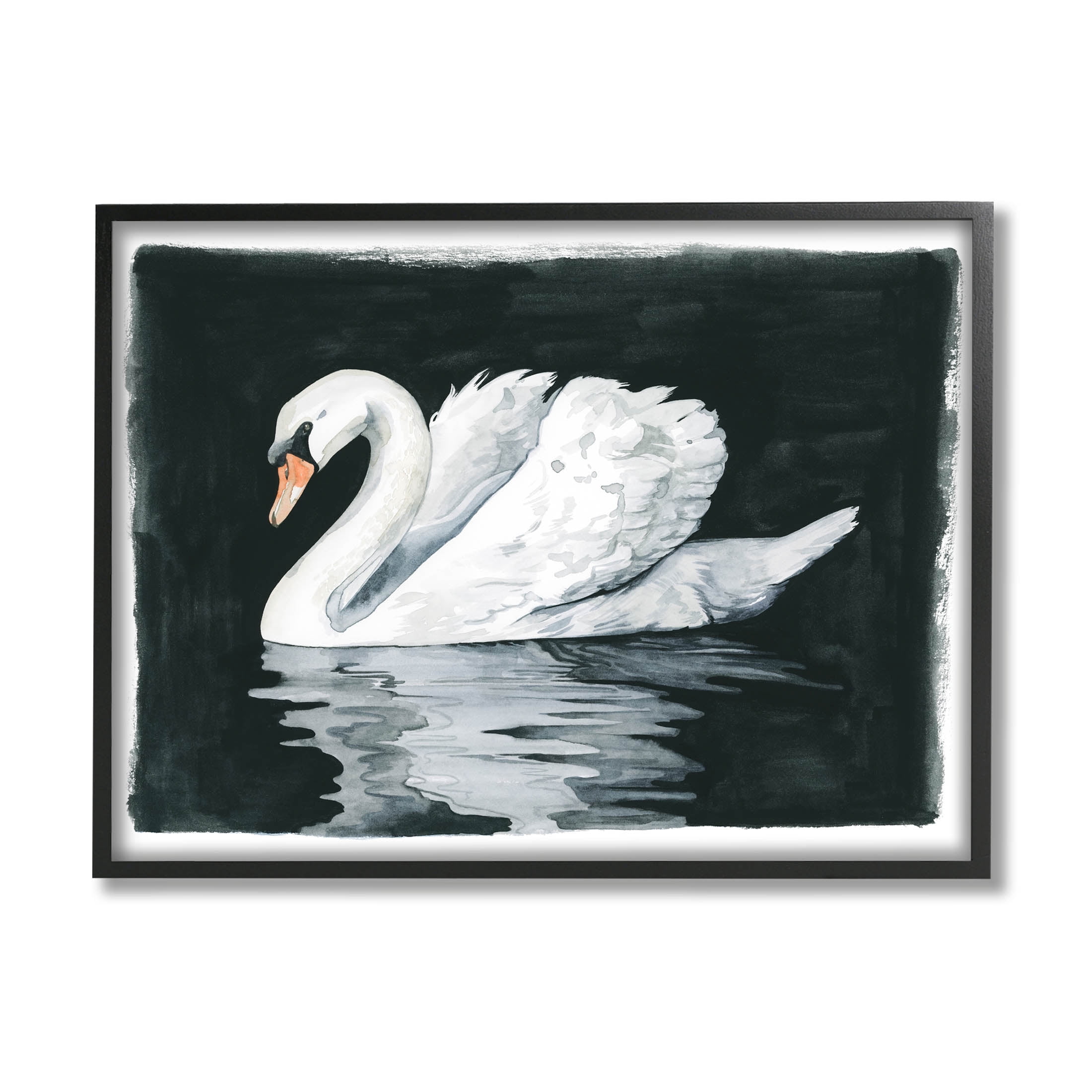 Beautiful Swan Black Reflection Animals & Insects Graphic Art Black Framed Art Print Wall Art