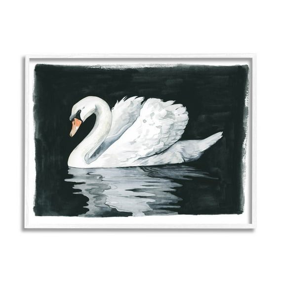 Beautiful Swan Black Reflection Animals & Insects Graphic Art White Framed Art Print Wall Art