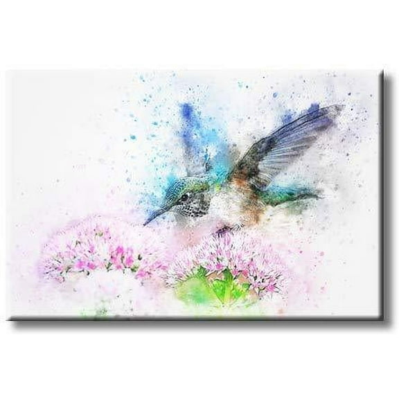 Beautiful Tailed Emerald Hummingbird in Flight Feeding on Pink Flowers Design Picture on Stretched Canvas, Wall Art Décor, Ready to Hang