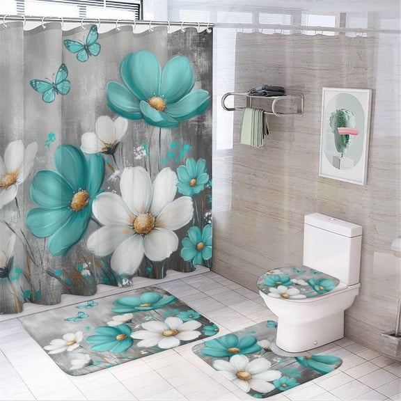 Beautiful Teal And White Flowers with Butterflies Shower Curtain 4 Piece Sets Rug Toilet Lid Cover And Non-Slip U Shape Mat Rustic Turquoise Floral Durable And Waterproof for Bathroom Decor Sets