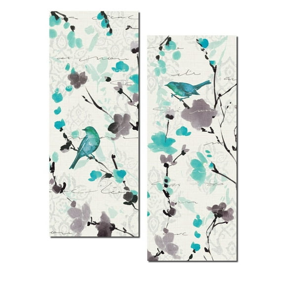 Beautiful Teal and Gray Watercolor-Style Floral and Bird Print Set; Two 8x18in Poster Prints