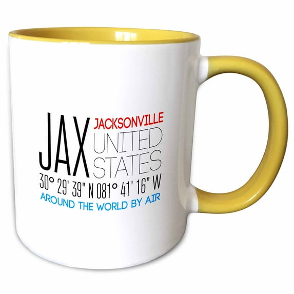 3drose, Beautiful Text Jax, Jacksonville, United States, Location Coordinates, 11oz Two-tone Yellow Mug